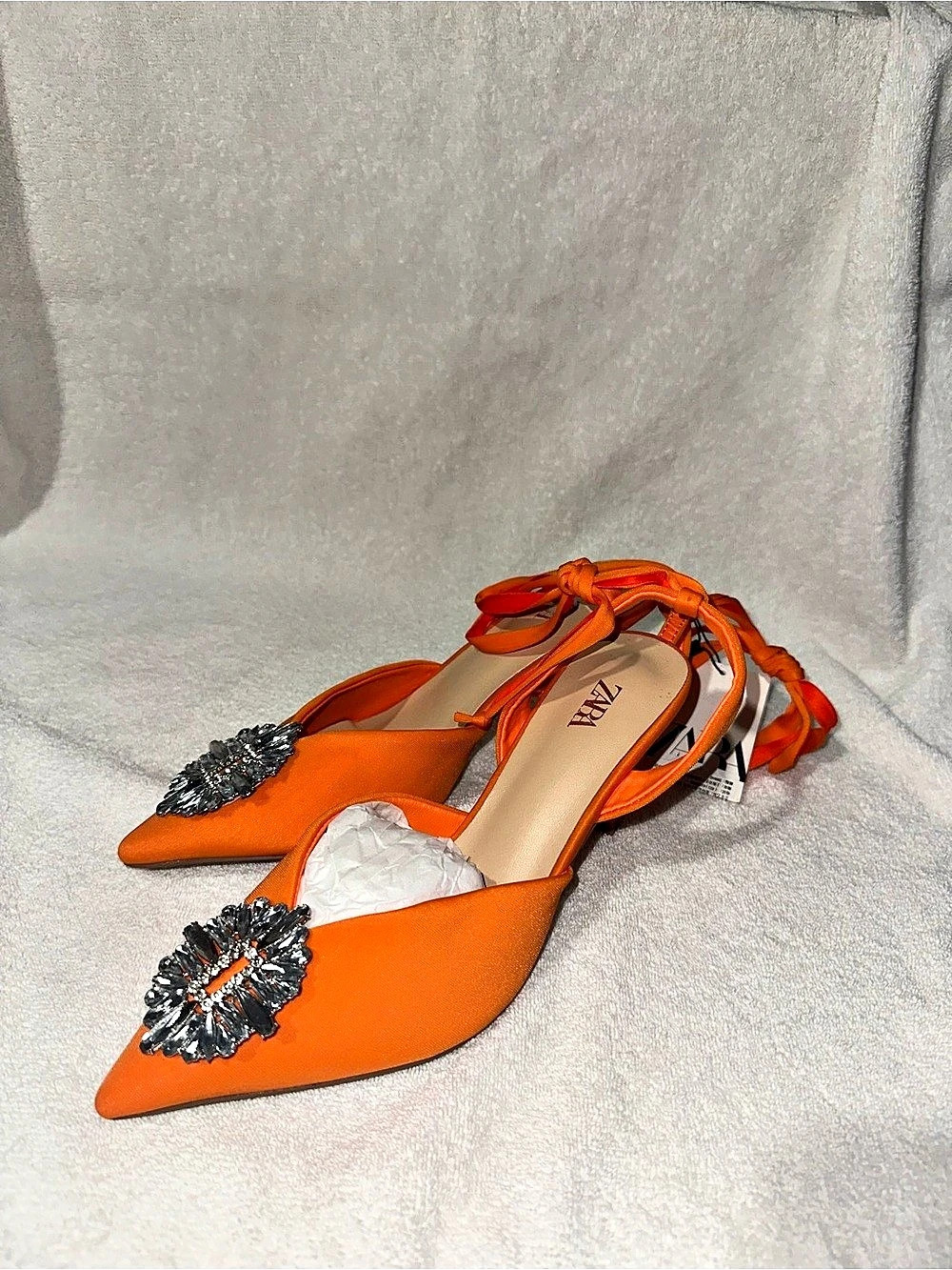 ZARA Orange Embellished Tie Heels NWT